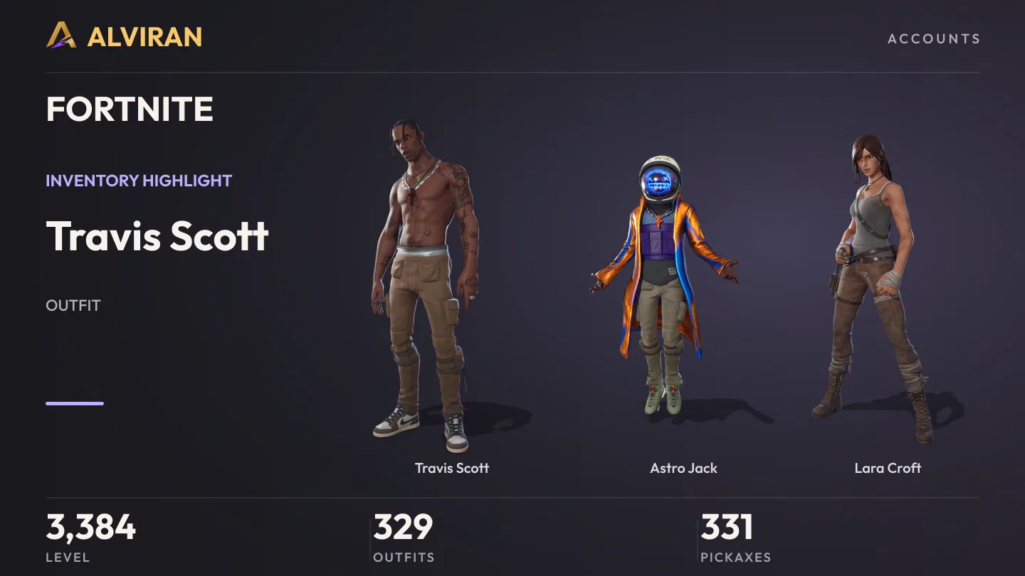 FORTNITE · Level 3384 · Travis Scott, Astro Jack, Lara Croft