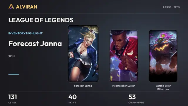 LEAGUE OF LEGENDS · Level 131 · Forecast Janna, Heartseeker Lucian, Witch's Brew Blitzcrank