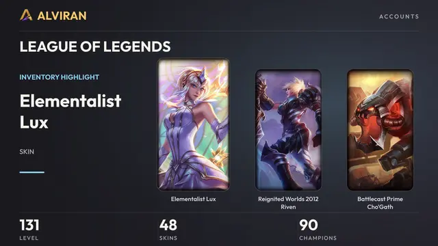 LEAGUE OF LEGENDS · Level 131 · Elementalist Lux, Reignited Worlds 2012 Riven, Battlecast Prime Cho'Gath
