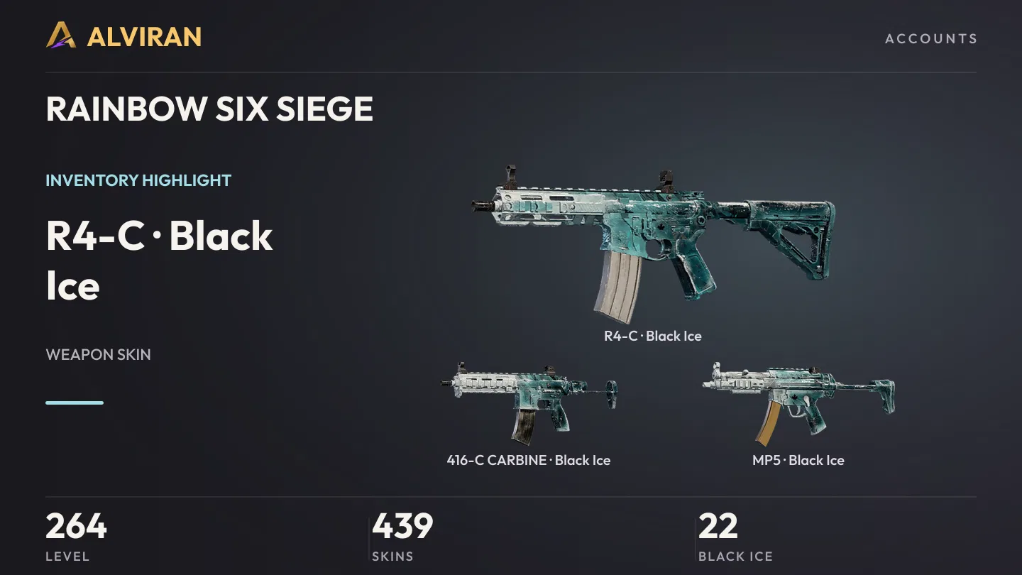 RAINBOW SIX SIEGE · Level 264 · Black Ice · R4-C, Black Ice · 416-C CARBINE, Black Ice · MP5