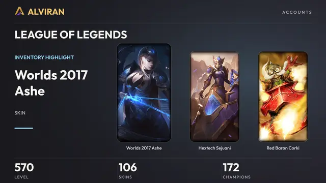 LEAGUE OF LEGENDS · Level 570 · Worlds 2017 Ashe, Hextech Sejuani, Red Baron Corki