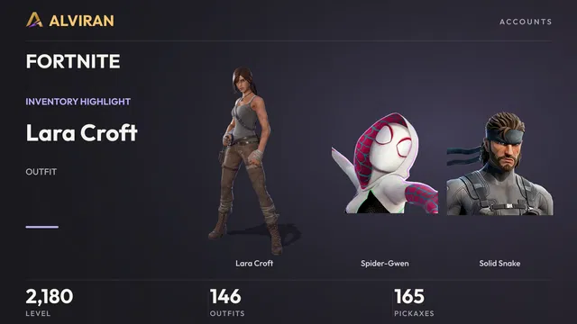 FORTNITE · Level 2180 · Lara Croft, Spider-Gwen, Solid Snake