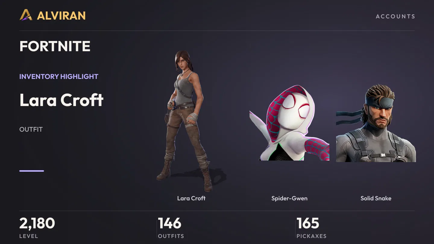 FORTNITE · Level 2180 · Lara Croft, Spider-Gwen, Solid Snake