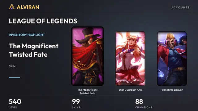 LEAGUE OF LEGENDS · Level 540 · The Magnificent Twisted Fate, Star Guardian Ahri, Primetime Draven