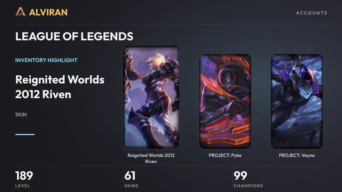 LEAGUE OF LEGENDS · Level 189 · Reignited Worlds 2012 Riven, PROJECT: Pyke, PROJECT: Vayne