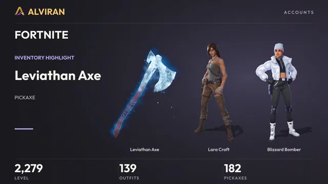 FORTNITE · Level 2279 · Leviathan Axe, Lara Croft, Blizzard Bomber
