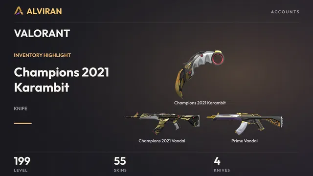 VALORANT · Level 199 · Champions 2021 Karambit · Melee, Champions 2021 Vandal, Prime Vandal