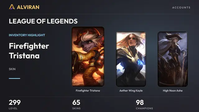 LEAGUE OF LEGENDS · Level 299 · Firefighter Tristana, Aether Wing Kayle, High Noon Ashe