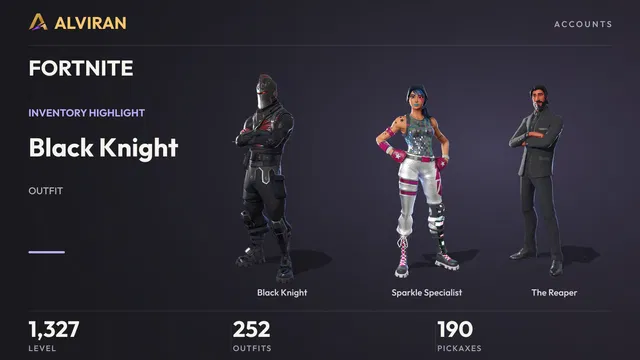 FORTNITE · Level 1327 · Black Knight, Sparkle Specialist, The Reaper