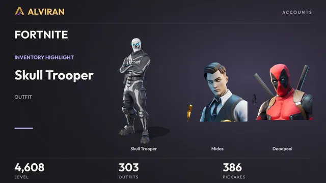 FORTNITE · Level 4608 · Skull Trooper, Midas, Deadpool