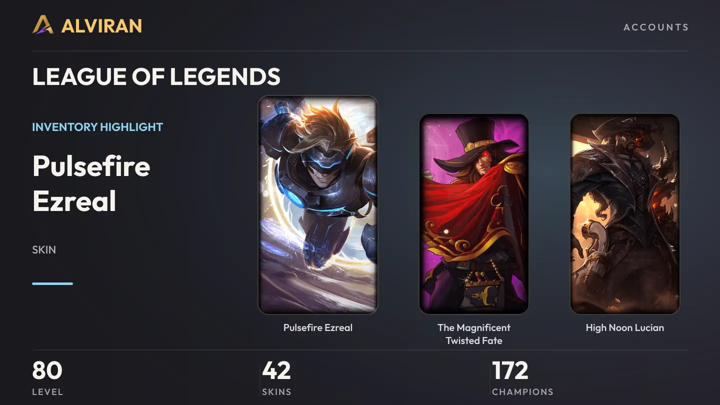 LEAGUE OF LEGENDS · Level 80 · Pulsefire Ezreal, The Magnificent Twisted Fate, High Noon Lucian