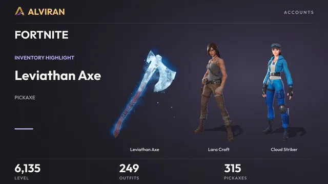 FORTNITE · Level 6135 · Leviathan Axe, Lara Croft, Cloud Striker