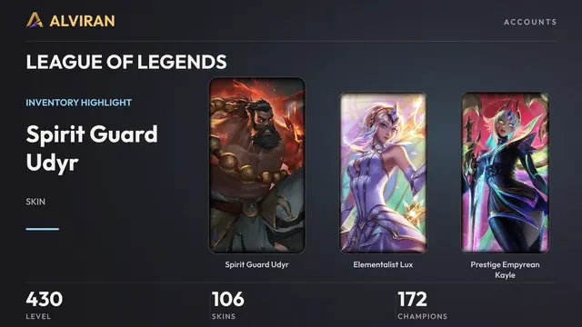 LEAGUE OF LEGENDS · Level 430 · Spirit Guard Udyr, Elementalist Lux, Prestige Empyrean Kayle