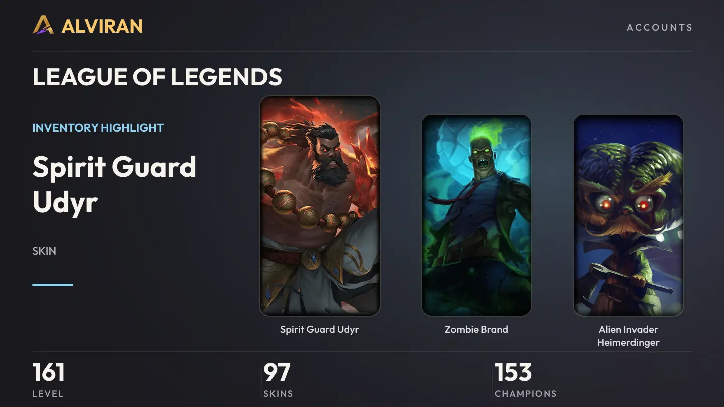 LEAGUE OF LEGENDS · Level 161 · Spirit Guard Udyr, Zombie Brand, Alien Invader Heimerdinger