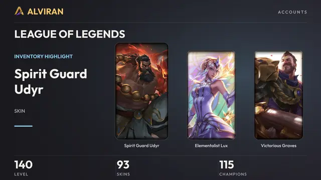 LEAGUE OF LEGENDS · Level 140 · Spirit Guard Udyr, Elementalist Lux, Victorious Graves
