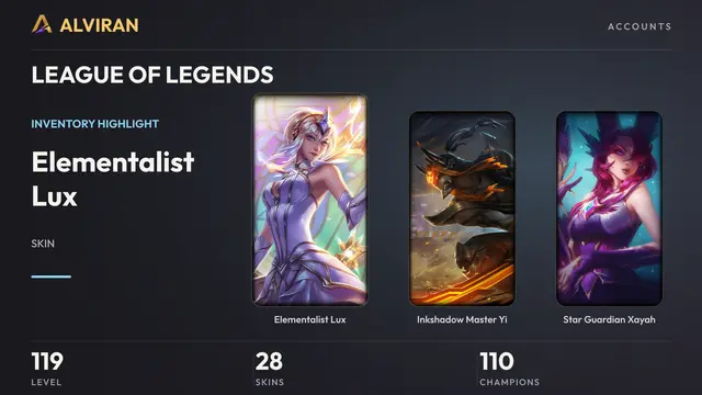 LEAGUE OF LEGENDS · Level 119 · Elementalist Lux, Inkshadow Master Yi, Star Guardian Xayah