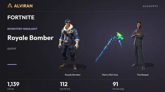 FORTNITE · Level 1139 · Royale Bomber, Merry Mint Axe, The Reaper