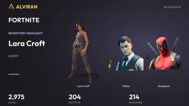 FORTNITE · Level 2975 · Lara Croft, Midas, Deadpool