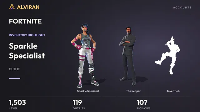 FORTNITE · Level 1503 · Sparkle Specialist, The Reaper, Take The L