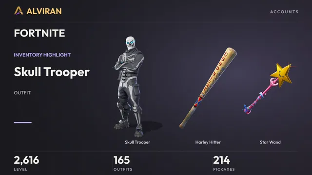 FORTNITE · Level 2616 · Skull Trooper, Harley Hitter, Star Wand