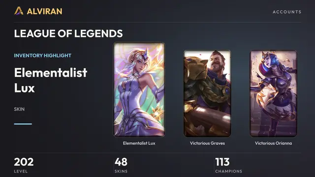 LEAGUE OF LEGENDS · Level 202 · Elementalist Lux, Victorious Graves, Victorious Orianna