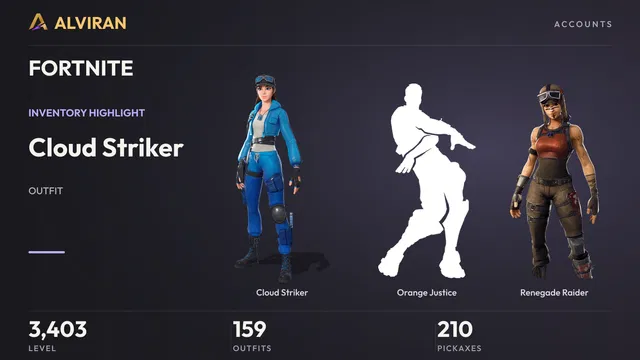 FORTNITE · Level 3403 · Cloud Striker, Orange Justice, Renegade Raider