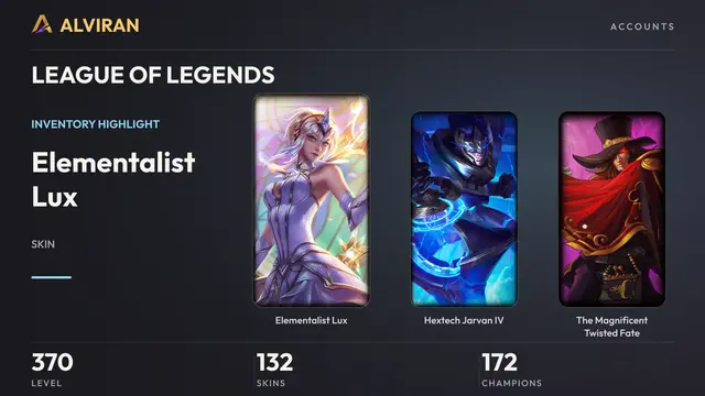 LEAGUE OF LEGENDS · Level 370 · Elementalist Lux, Hextech Jarvan IV, The Magnificent Twisted Fate