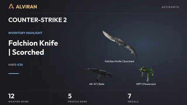 COUNTER-STRIKE 2 · Level 5 · Falchion Knife | Scorched · Field-Tested, AK-47 | Slate · Minimal Wear, MP7 | Powercore · Battle-Scarred