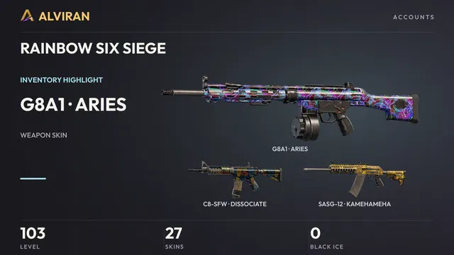 RAINBOW SIX SIEGE · Level 103 · ARIES · G8A1, DISSOCIATE · C8-SFW, KAMEHAMEHA · SASG-12
