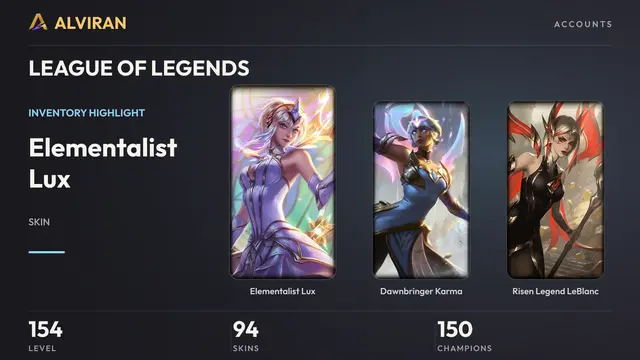 LEAGUE OF LEGENDS · Level 154 · Elementalist Lux, Dawnbringer Karma, Risen Legend LeBlanc