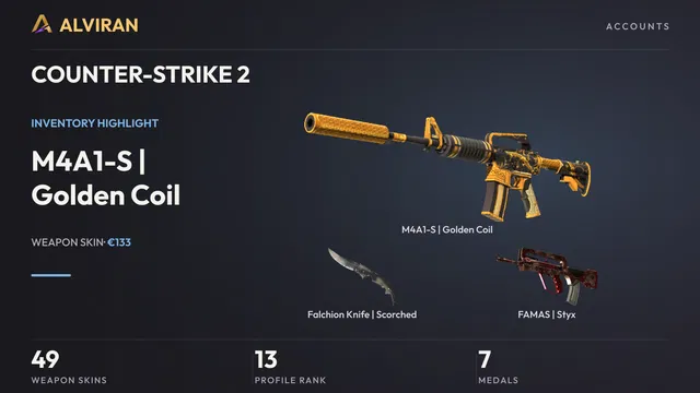 COUNTER-STRIKE 2 · Level 13 · M4A1-S | Golden Coil · Minimal Wear, Falchion Knife | Scorched · Field-Tested, FAMAS | Styx · Minimal Wear