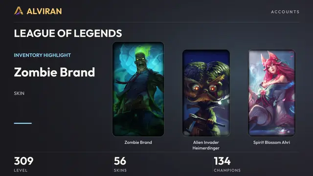 LEAGUE OF LEGENDS · Level 309 · Zombie Brand, Alien Invader Heimerdinger, Spirit Blossom Ahri