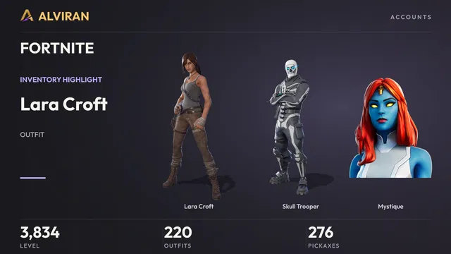FORTNITE · Level 3834 · Lara Croft, Skull Trooper, Mystique