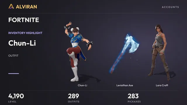 FORTNITE · Level 4190 · Chun-Li, Leviathan Axe, Lara Croft