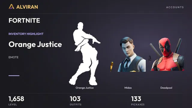 FORTNITE · Level 1658 · Orange Justice, Midas, Deadpool