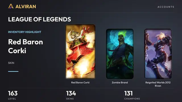 LEAGUE OF LEGENDS · Level 163 · Red Baron Corki, Zombie Brand, Reignited Worlds 2012 Riven
