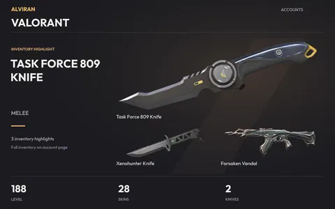 VALORANT · Level 188 · Task Force 809 Knife · Melee, Xenohunter Knife · Melee, Forsaken Vandal
