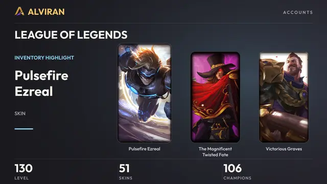 LEAGUE OF LEGENDS · Level 130 · Pulsefire Ezreal, The Magnificent Twisted Fate, Victorious Graves