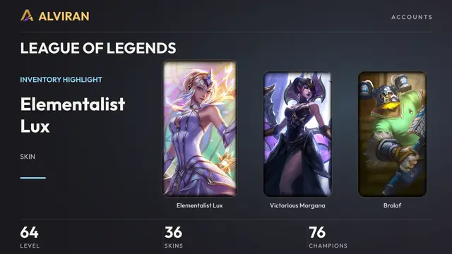 LEAGUE OF LEGENDS · Level 64 · Elementalist Lux, Victorious Morgana, Brolaf