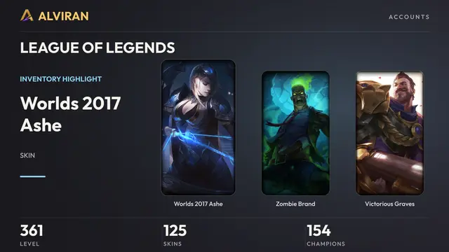 LEAGUE OF LEGENDS · Level 361 · Worlds 2017 Ashe, Zombie Brand, Victorious Graves