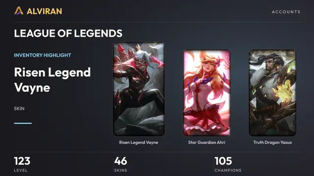 LEAGUE OF LEGENDS · Level 123 · Risen Legend Vayne, Star Guardian Ahri, Truth Dragon Yasuo