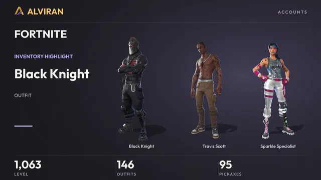 FORTNITE · Level 1063 · Black Knight, Travis Scott, Sparkle Specialist