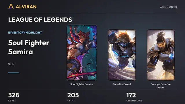 LEAGUE OF LEGENDS · Level 328 · Soul Fighter Samira, Pulsefire Ezreal, Prestige Pulsefire Lucian