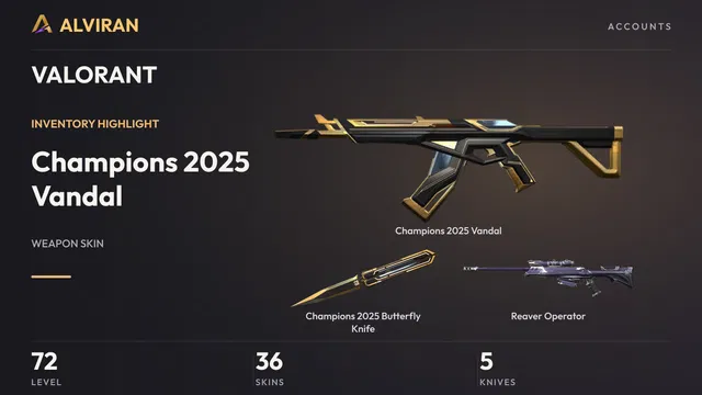 VALORANT · Level 72 · Champions 2025 Vandal, Champions 2025 Butterfly Knife · Melee, Reaver Operator