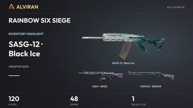 RAINBOW SIX SIEGE · Level 120 · Black Ice · SASG-12, ARIES · G8A1, ARMOR · M590A1