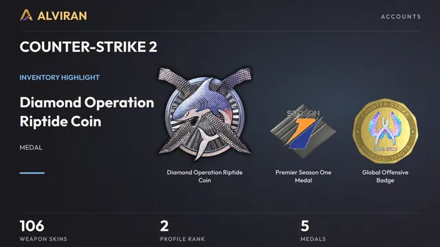 COUNTER-STRIKE 2 · Level 2 · Diamond Operation Riptide Coin, Premier Season One Medal, Global Offensive Badge