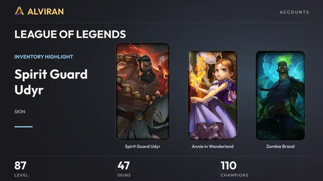 LEAGUE OF LEGENDS · Level 87 · Spirit Guard Udyr, Annie in Wonderland, Zombie Brand