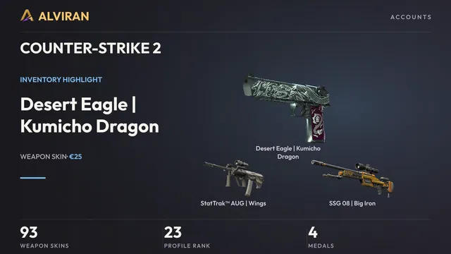 COUNTER-STRIKE 2 · Level 23 · Desert Eagle | Kumicho Dragon · Minimal Wear, StatTrak™ AUG | Wings · Factory New, SSG 08 | Big Iron · Minimal Wear
