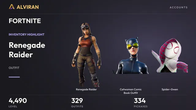 FORTNITE · Level 4490 · Renegade Raider, Catwoman Comic Book Outfit, Spider-Gwen