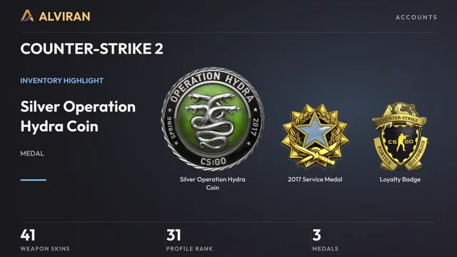 COUNTER-STRIKE 2 · Level 31 · Silver Operation Hydra Coin, 2017 Service Medal, Loyalty Badge